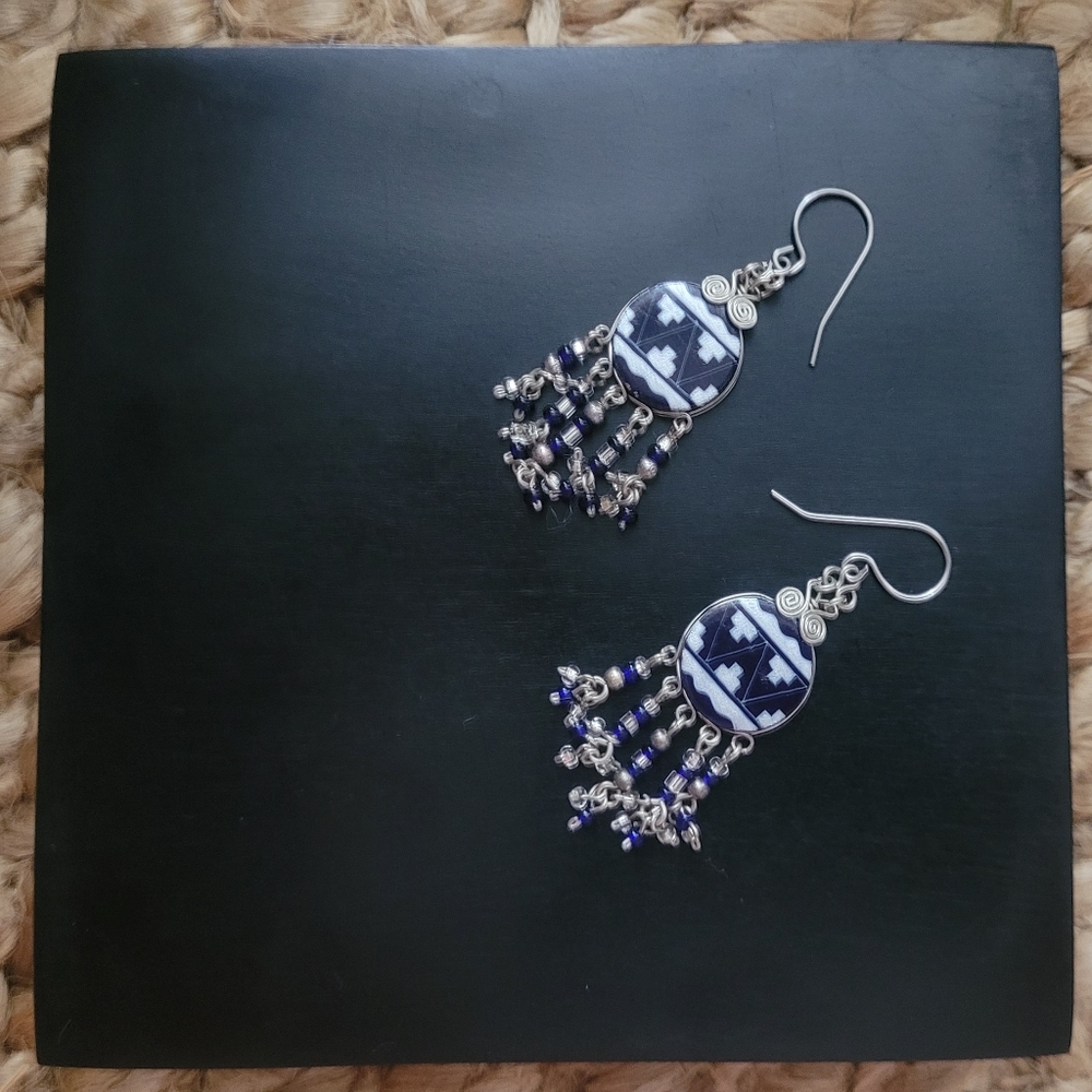 Southwestern Dangle Earrings with Beaded Fringe, Silver, White & Deep Navy Blue